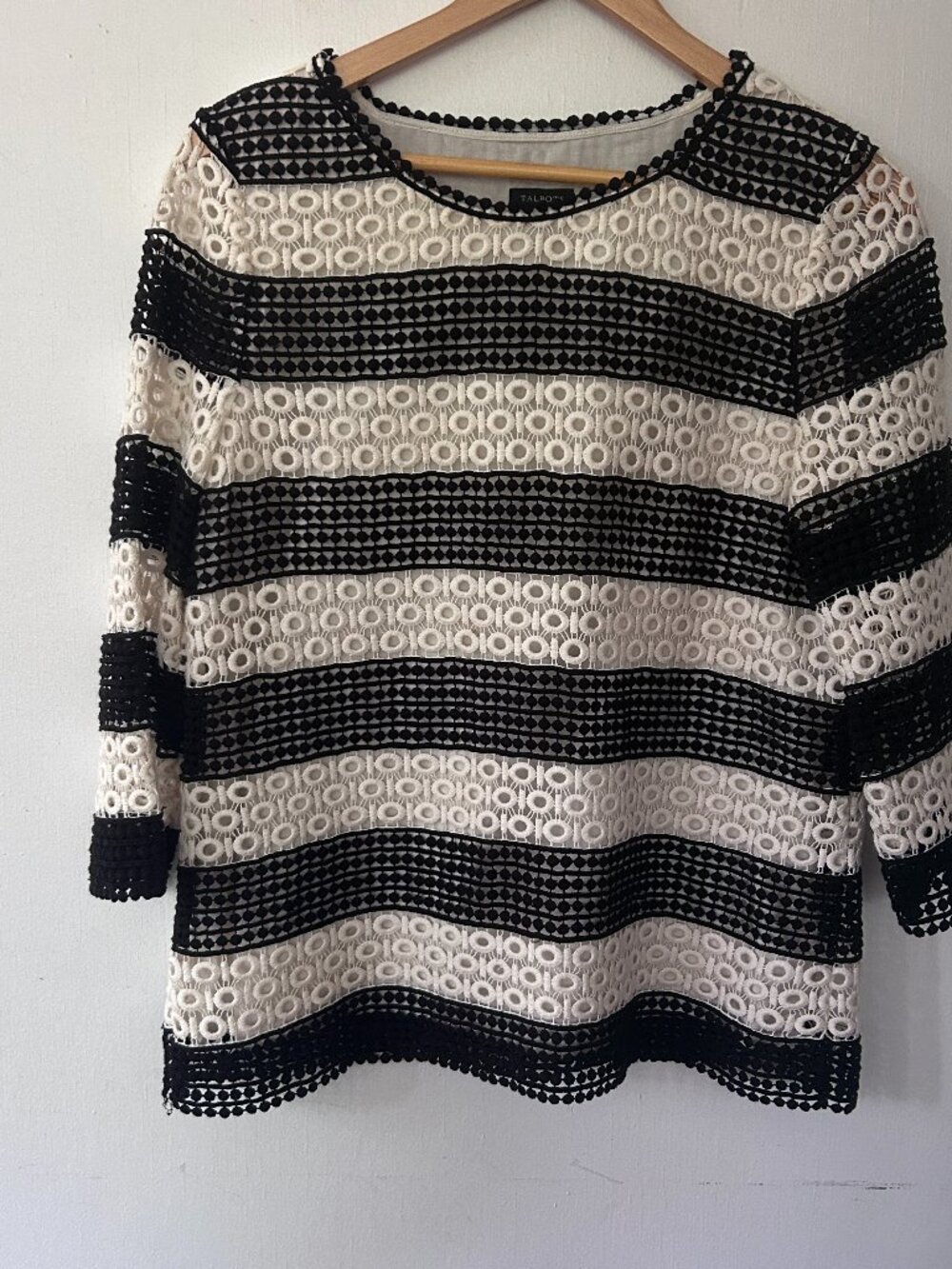 Talbots Crochet Lace Overlay Top Small Black Ivory Striped Old Money Neutral